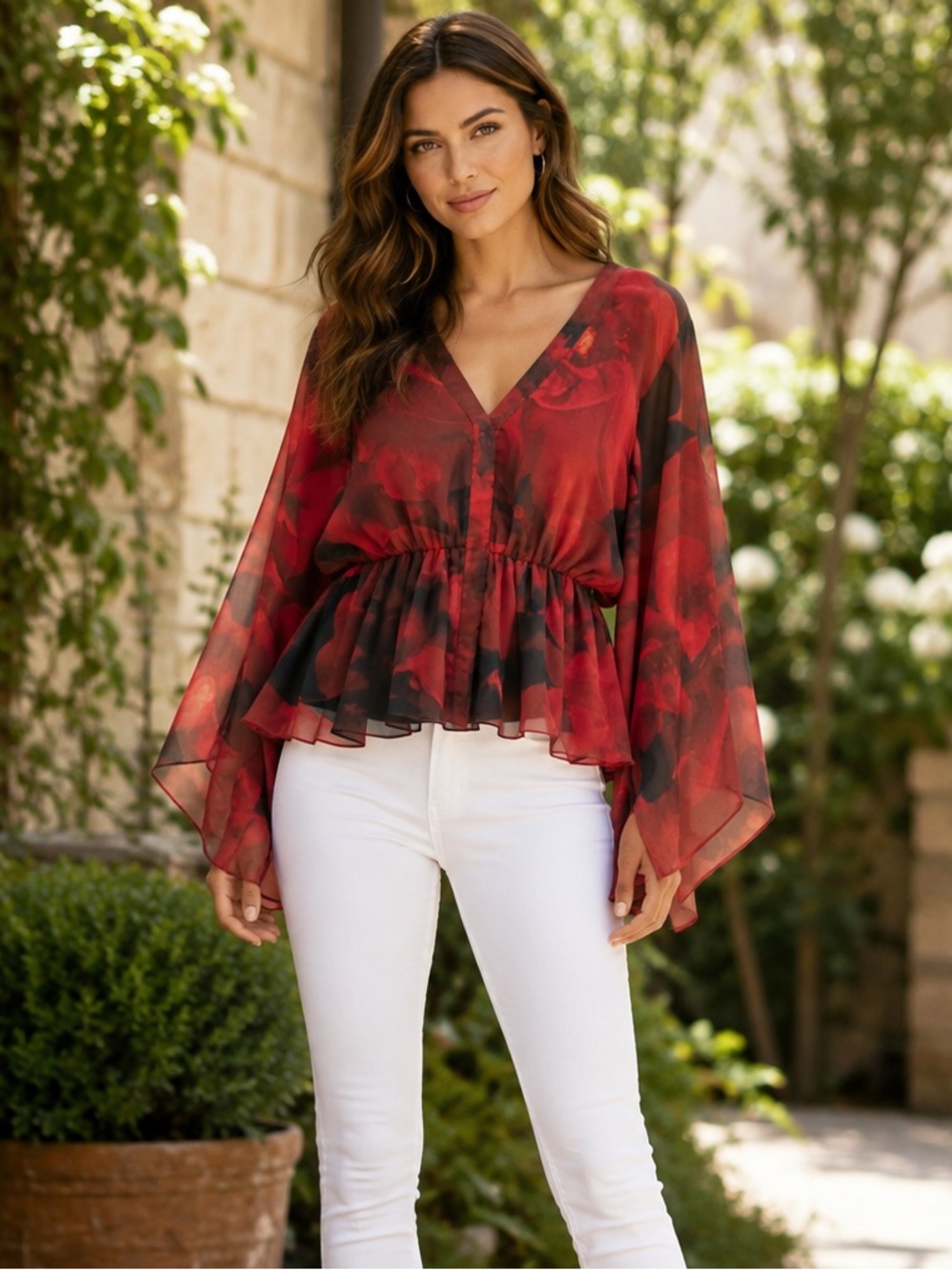 ALICE + OLIVIA Sheer Red Black Floral Bell Sleeve Peplum Blouse
